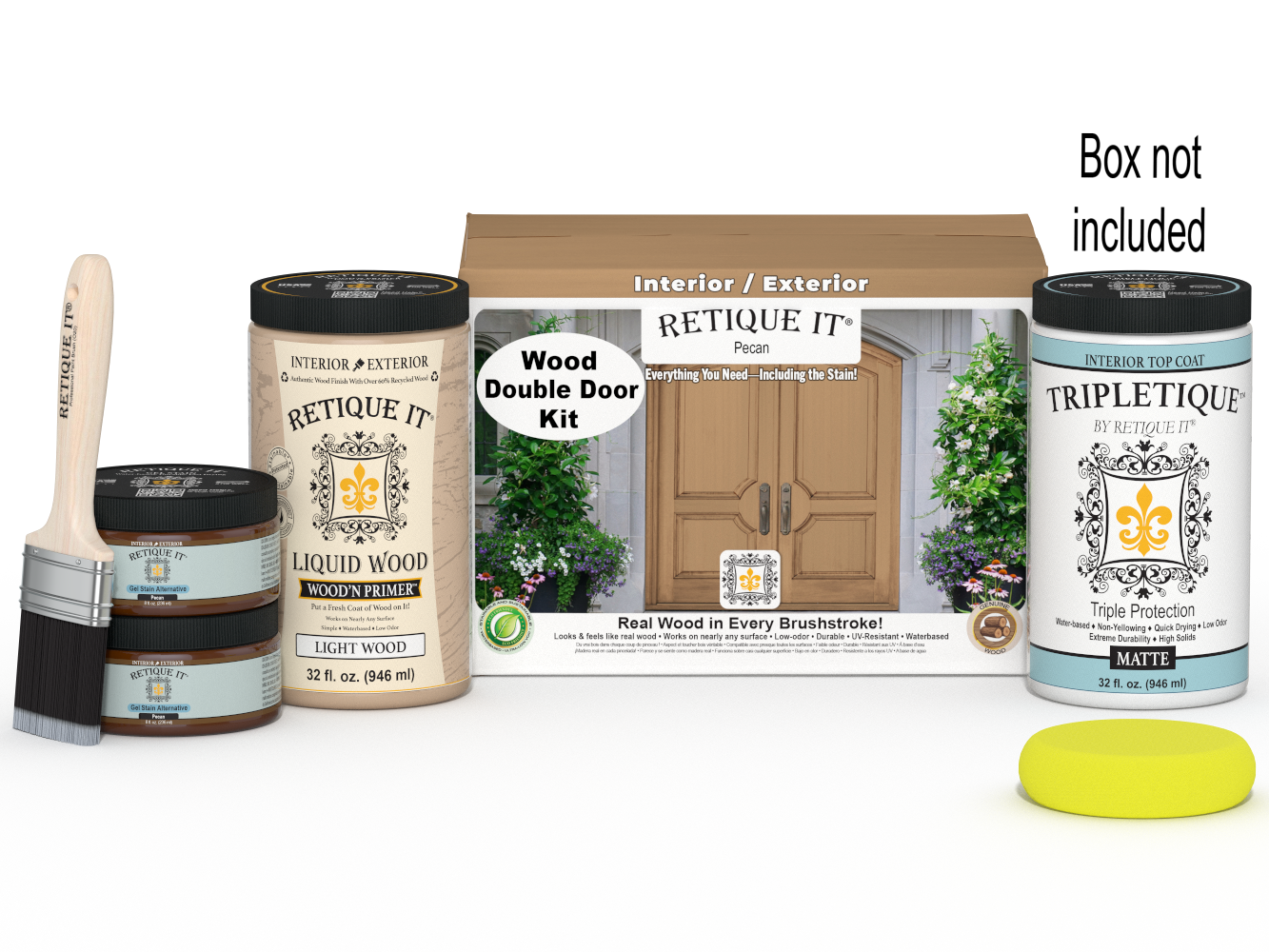 Retique It Wood'n Door smooth finish kit for double doors in pecan stain, featuring application tools and wood stain in a box.