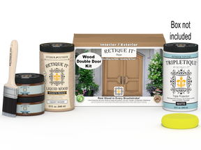 Retique It Wood'n Door smooth finish kit for double doors in pecan stain, featuring application tools and wood stain in a box.