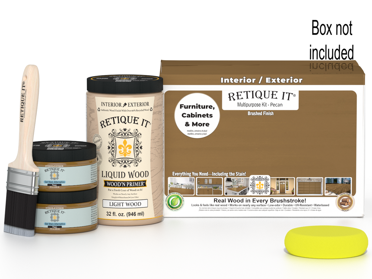 Large Pecan Wood'n Finish Kit by Retique It® with smooth finish, including brushes and wood stain components in packaging.