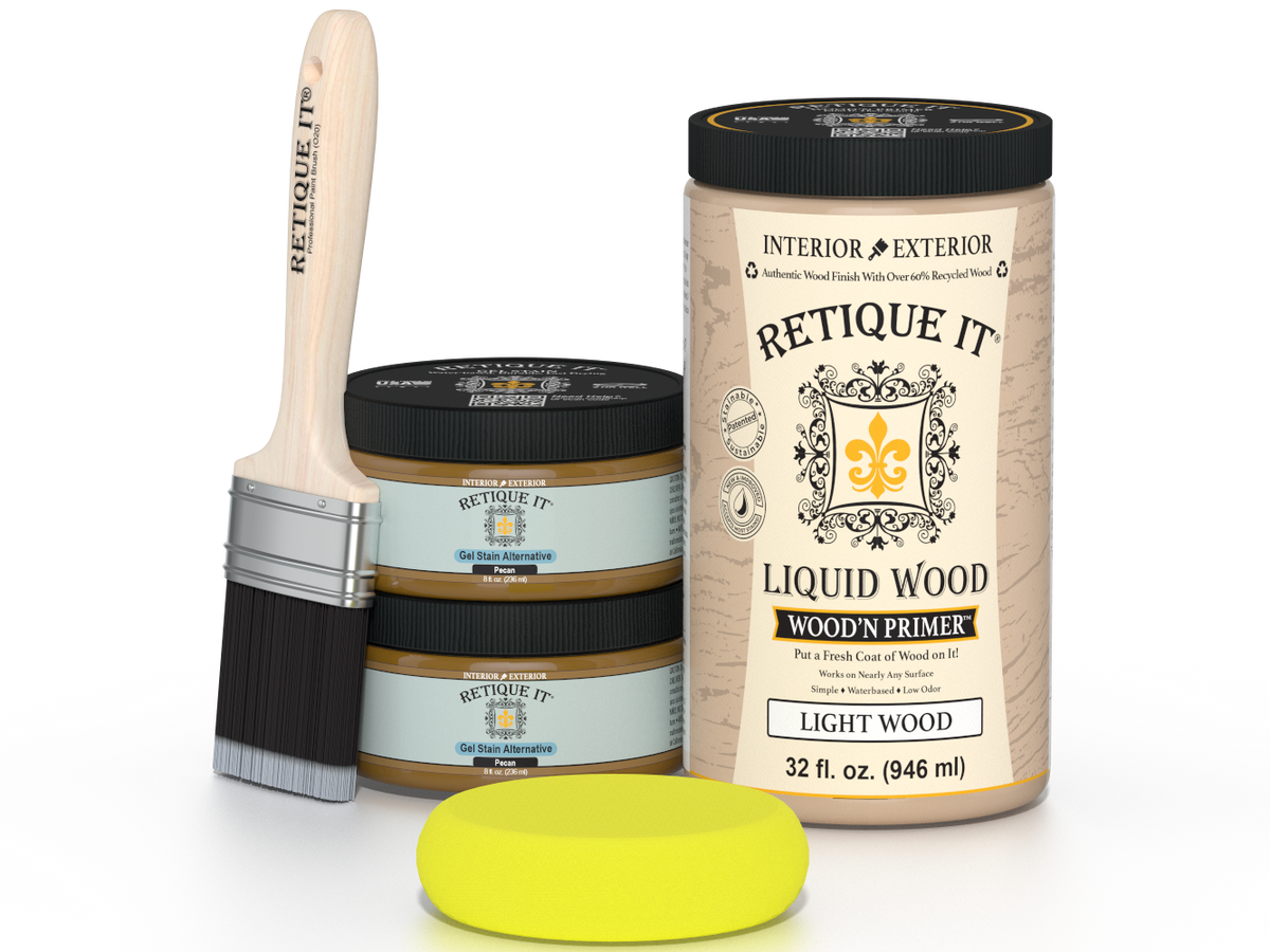 Retique It® Multi-purpose Smooth Finish Kit (Large) in Pecan wood finish, shown with application tools on a wood surface.