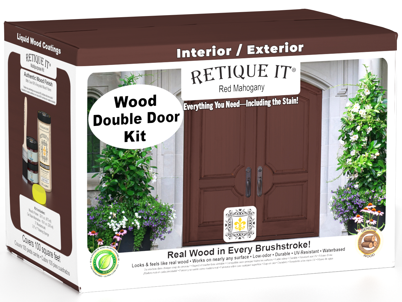Retique It Wood'n Door smooth finish kit for double doors in red mahogany stain, featuring a natural wood grain appearance.