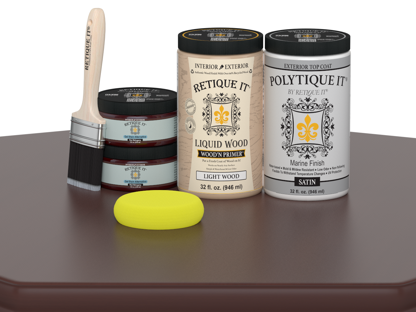 Retique It Wood'n Door smooth finish stain kit for double doors in Red Mahogany, showing satin finish on wooden surface.