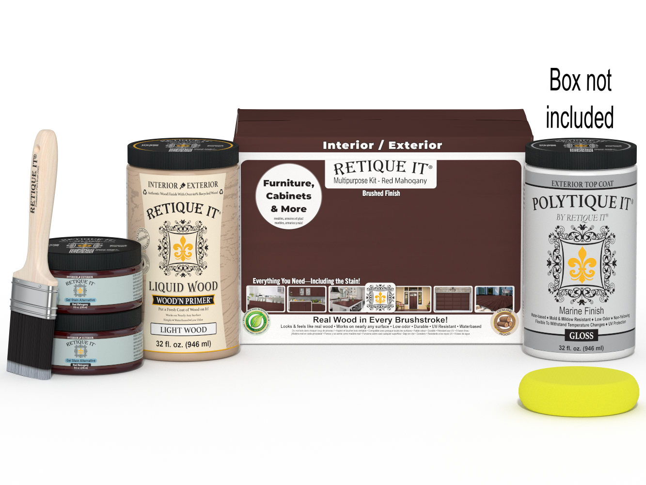Large Multi-purpose Smooth Finish Kit in Red Mahogany from Retique It® for exterior wood projects, includes gloss top coat and tools.