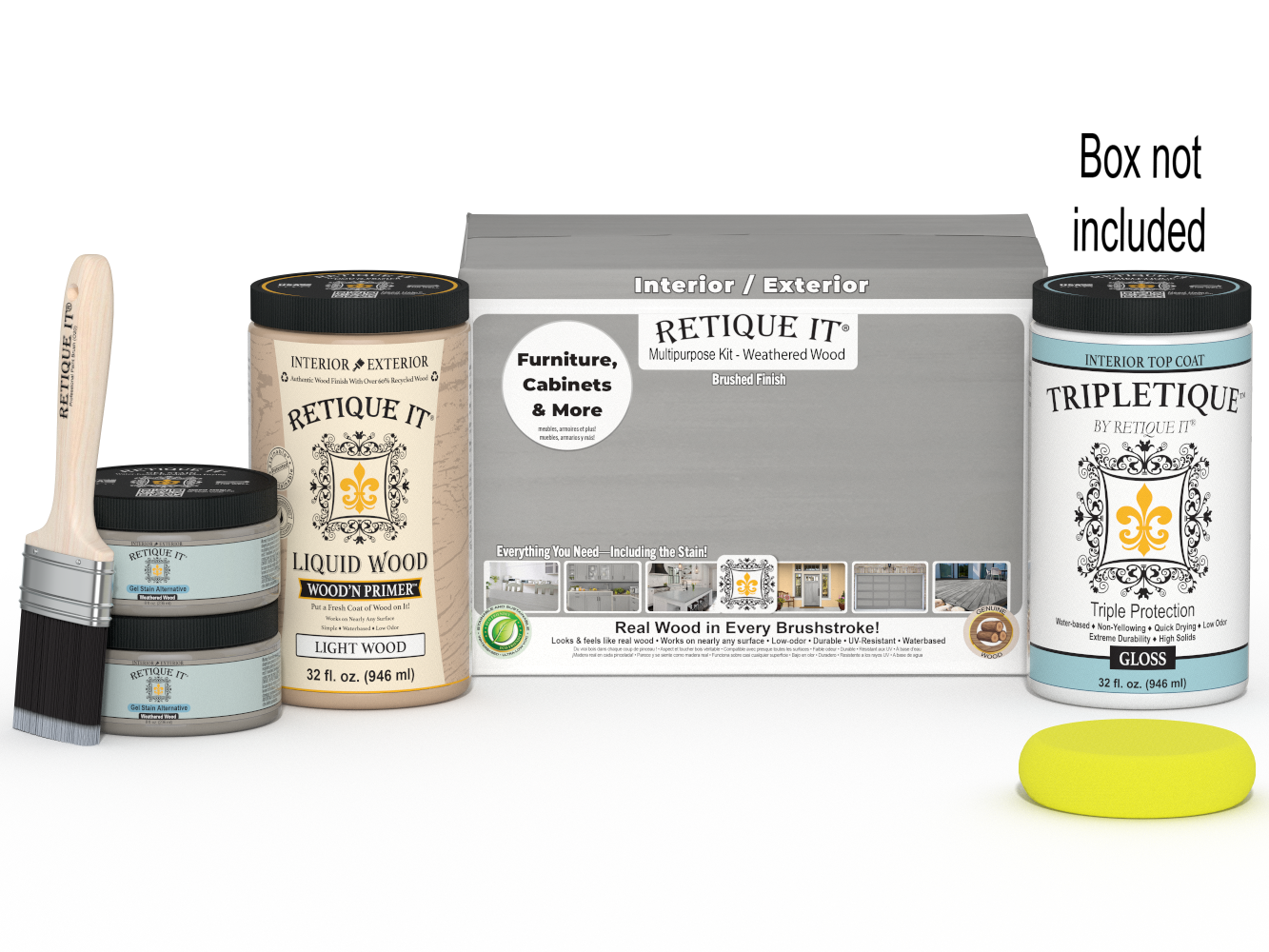 Large weathered wood finish kit by Retique It® with interior gloss top coat and smooth finish, includes tools and materials for wood projects.