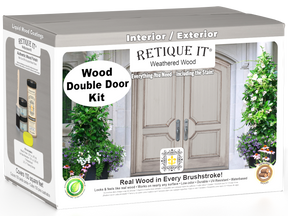 Retique It Wood'n Door Smooth Finish Kit for double doors in weathered wood stain, featuring natural wood grain and weathered texture.