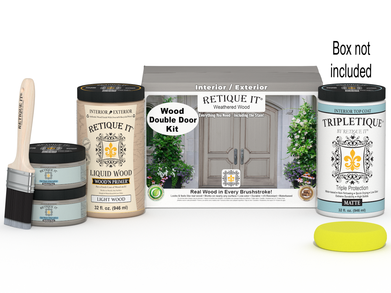 Retique It Wood'n Door smooth finish kit for double doors in weathered wood stain showing a weathered wood double door with stain application