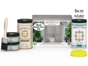 Retique It Wood'n Door smooth finish kit for double doors in weathered wood stain showing a weathered wood double door with stain application