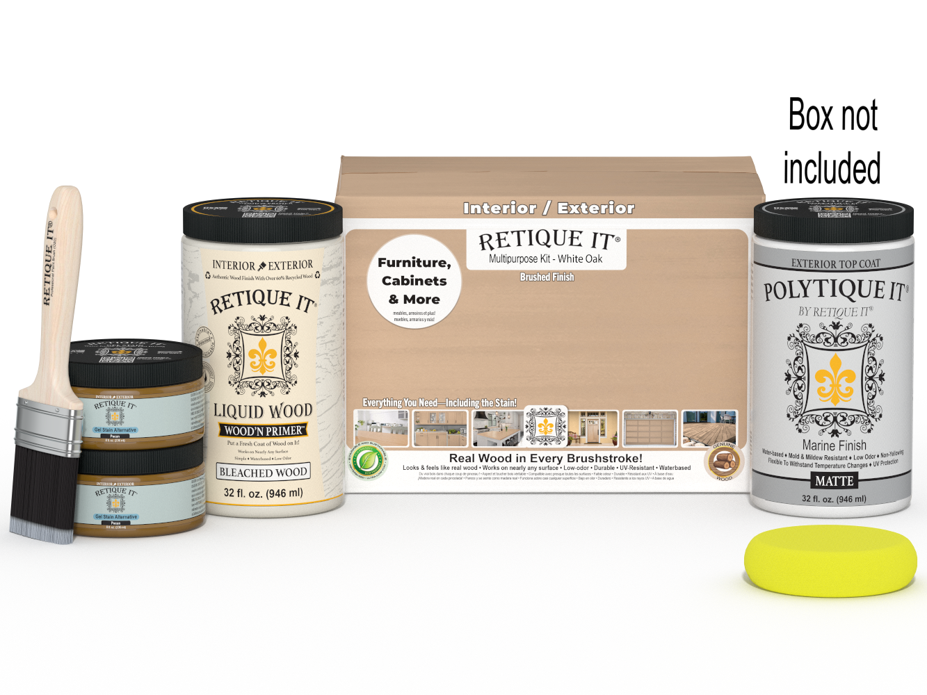 Large white oak wood finish kit by Retique It® with exterior top coat in matte, including brushes and application tools.