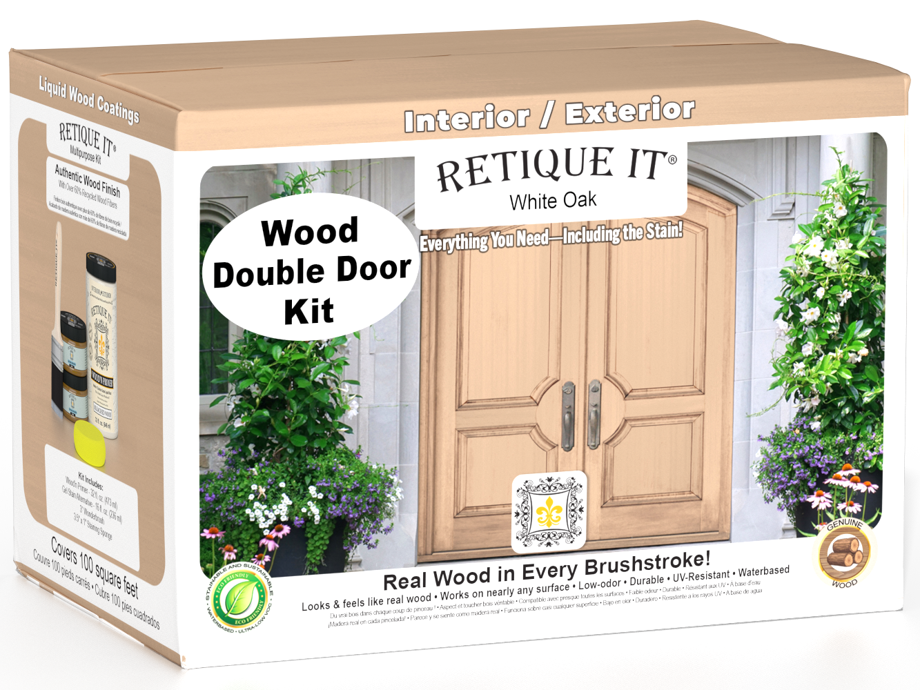 Retique It Wood'n Door Smooth Finish Kit for double doors in White Oak stain, showing a finished white oak double door with smooth surface.