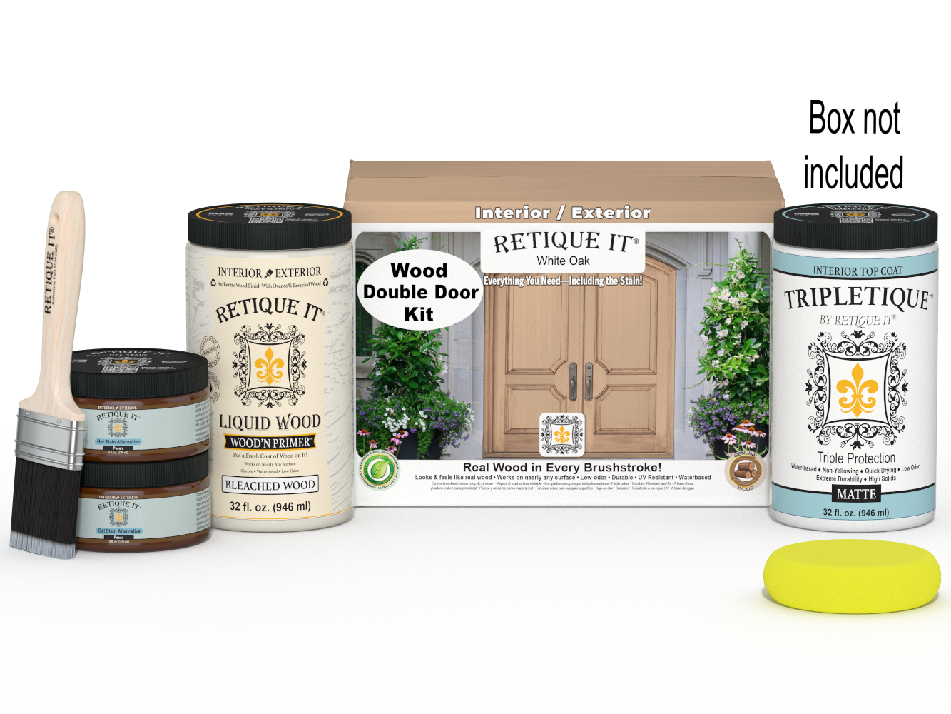 Retique It Wood'n Door smooth finish kit for double doors in White Oak stain, includes stain and application tools.