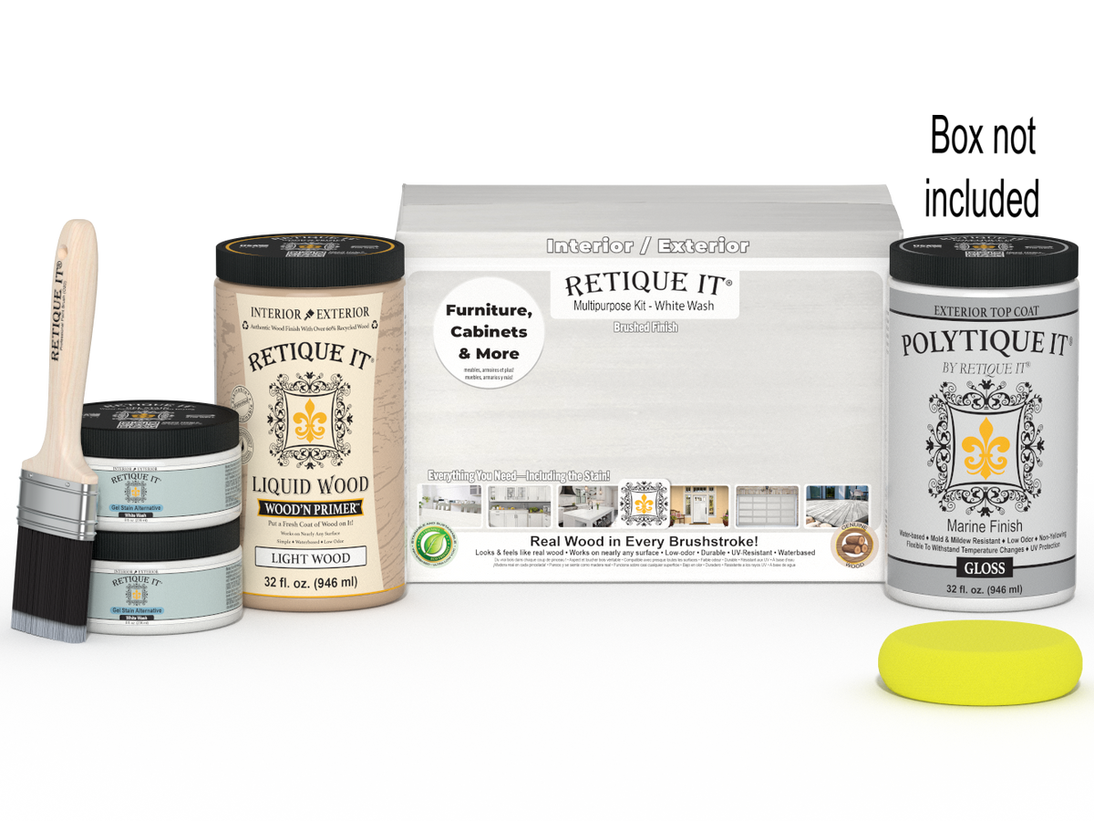 Large white wash exterior gloss wood finish kit by Retique It with smooth finish, including top coat and application tools.