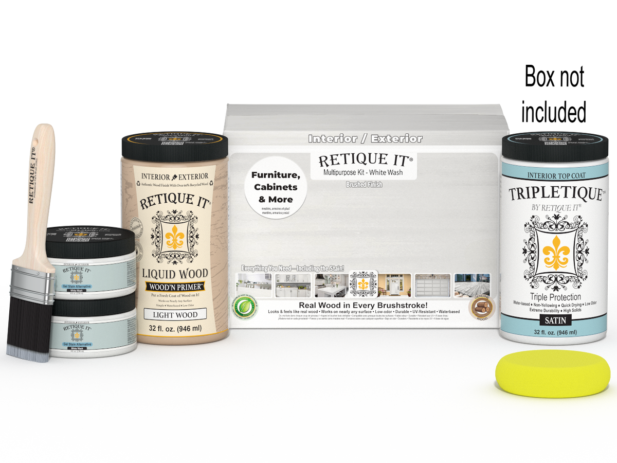 Large white wash interior wood finish kit by Retique It with smooth finish and top coat, shown in packaging with tools and product labels.