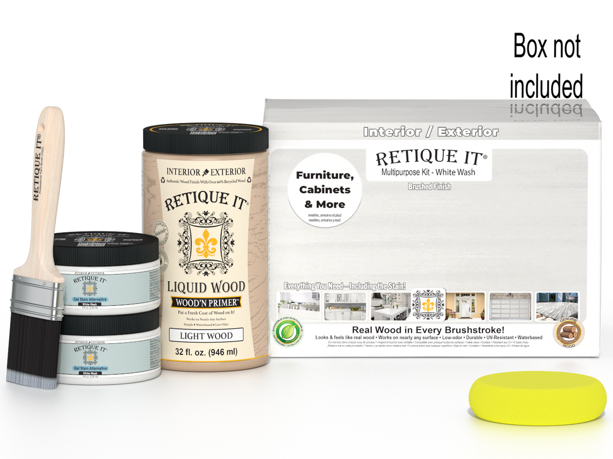 Large white wash wood finish kit by Retique It® with smooth finish, includes brushes and tools for multi-purpose wood projects.