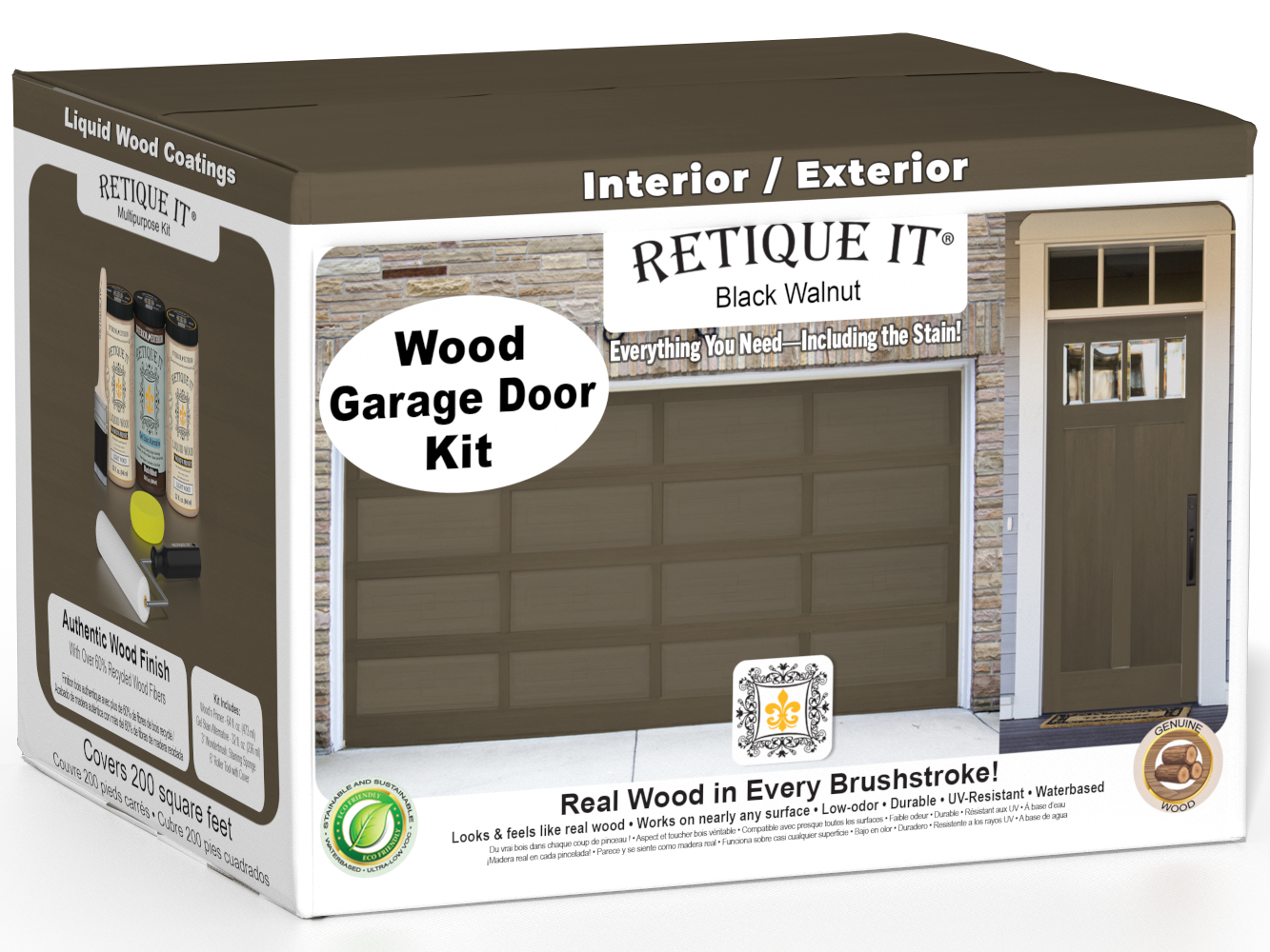 Retique It Wood'n Door smooth finish kit for front and garage doors in Black Walnut stain, showcasing a finished door surface.
