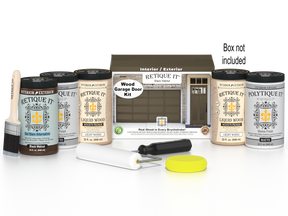 Retique It Wood'n Door smooth finish kit for front and garage doors in Black Walnut stain, featuring stain bottles and applicator tools.