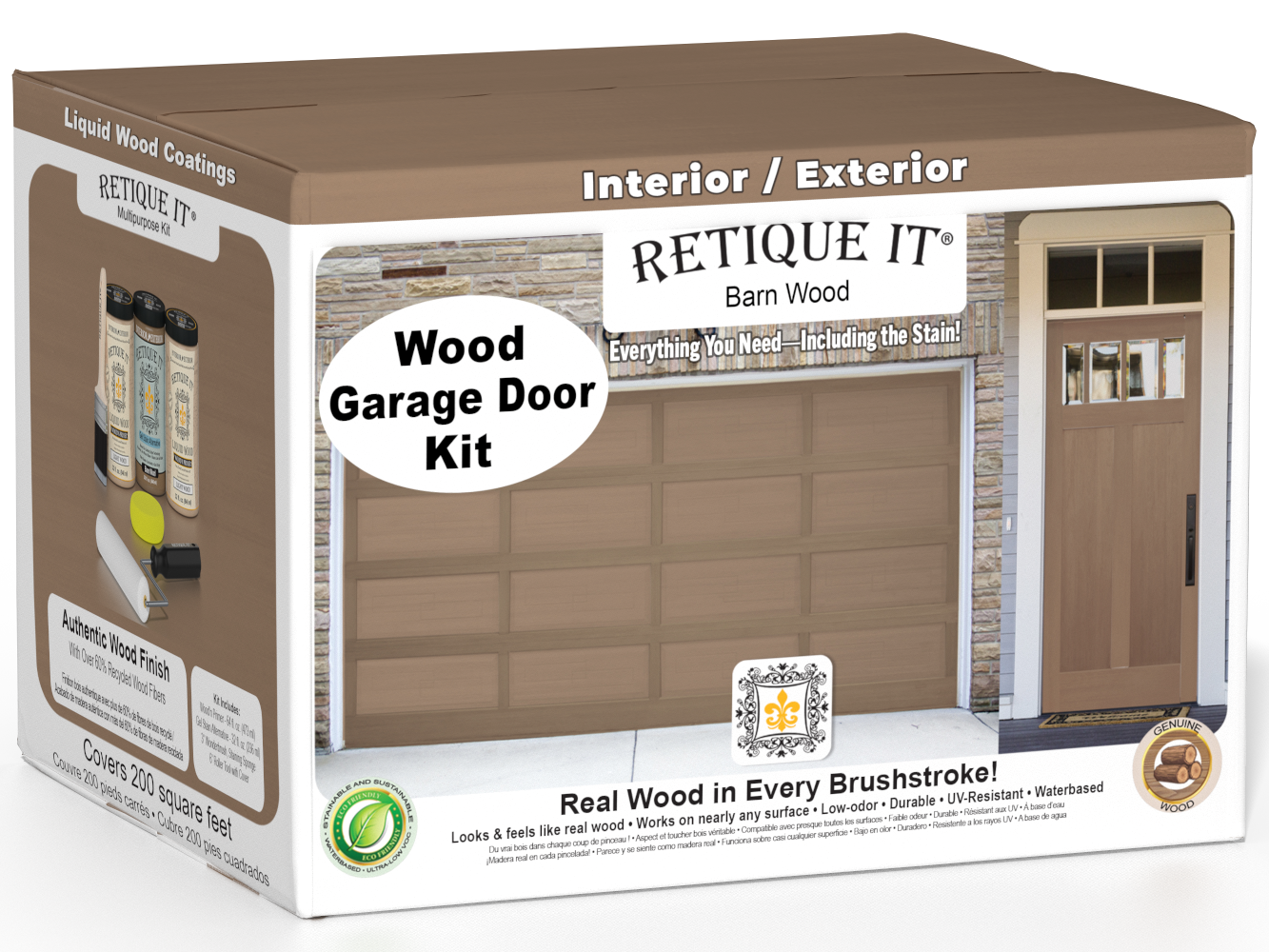 Retique It Wood'n Door smooth finish kit for front and garage doors, featuring a barn wood stain effect on a wooden door.