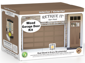 Retique It Wood'n Door smooth finish kit for front and garage doors, featuring a barn wood stain effect on a wooden door.