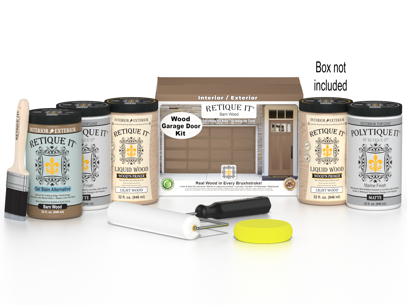 Retique It Wood'n Door smooth finish kit for front and garage barn wood doors, featuring stain application and included tools.