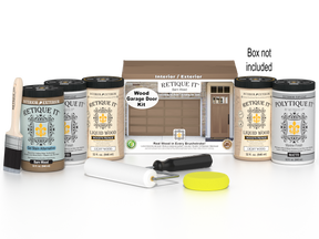 Retique It Wood'n Door smooth finish kit for front and garage barn wood doors, featuring stain application and included tools.