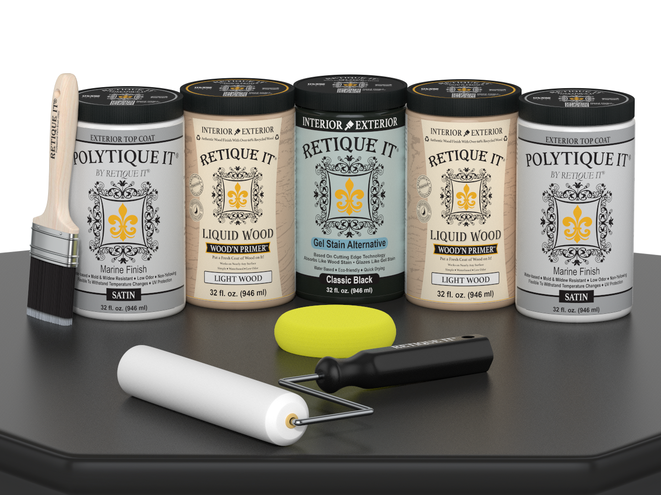 Retique It Wood'n Door Satin Finish Kit in Classic Black for front and garage doors, includes stain bottles and application tools.