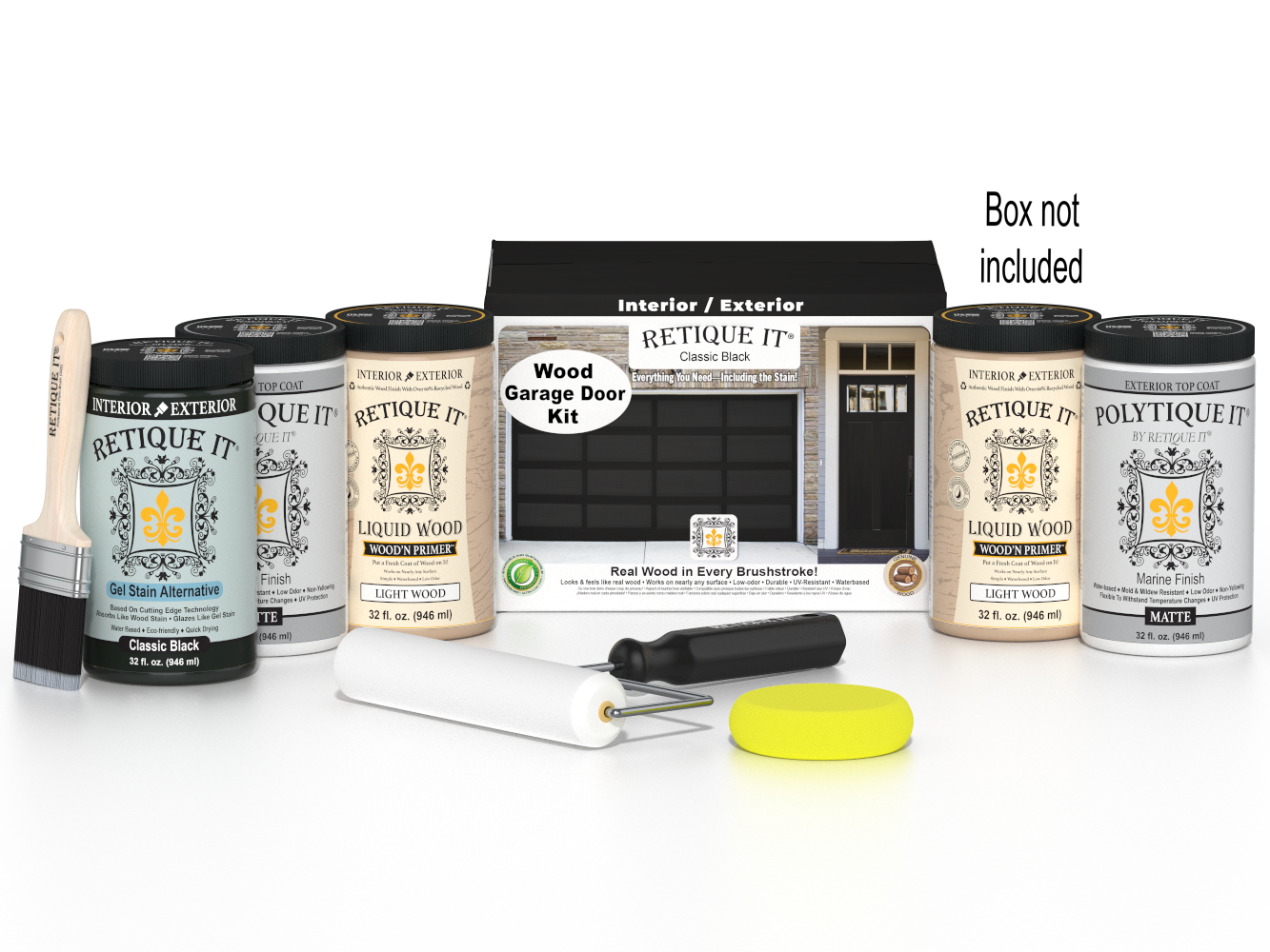 Retique It Wood'n Door smooth finish kit for front and garage doors in classic black stain, includes application tools and packaging.