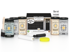 Retique It Wood'n Door smooth finish kit for front and garage doors in classic black stain, includes application tools and packaging.