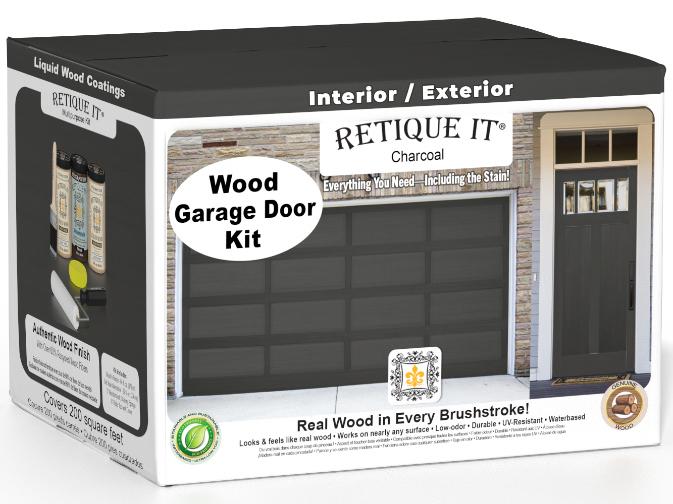 Retique It Wood'n Door smooth finish stain kit for front and garage doors in charcoal, showcasing a sleek, modern door finish.