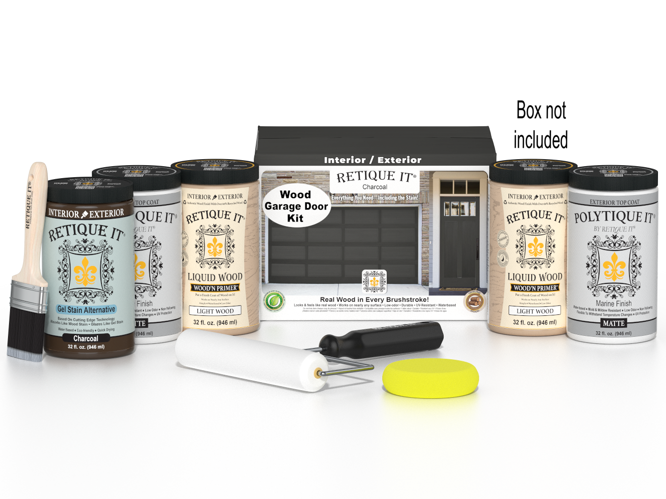 Retique It Wood'n Door smooth finish kit for front and garage doors in charcoal stain, shown with application tools and sample door.