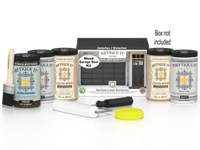 Retique It Wood'n Door smooth finish kit for front and garage doors in charcoal stain, shown with application tools and sample door.