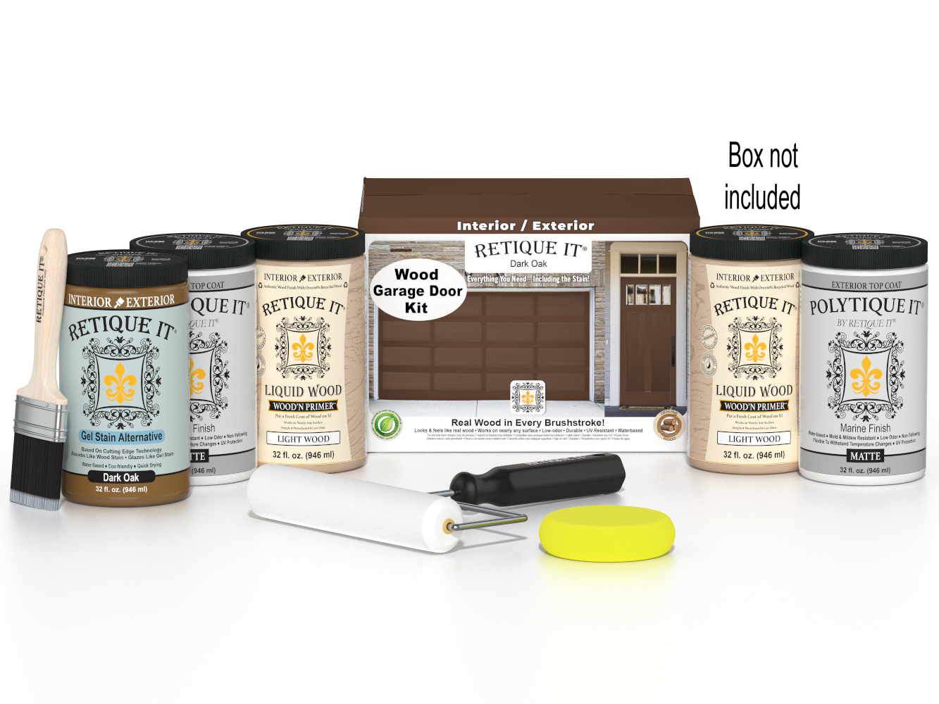 Retique It Dark Oak Wood'n Door Smooth Finish Kit for front and garage doors, includes stain and application tools.