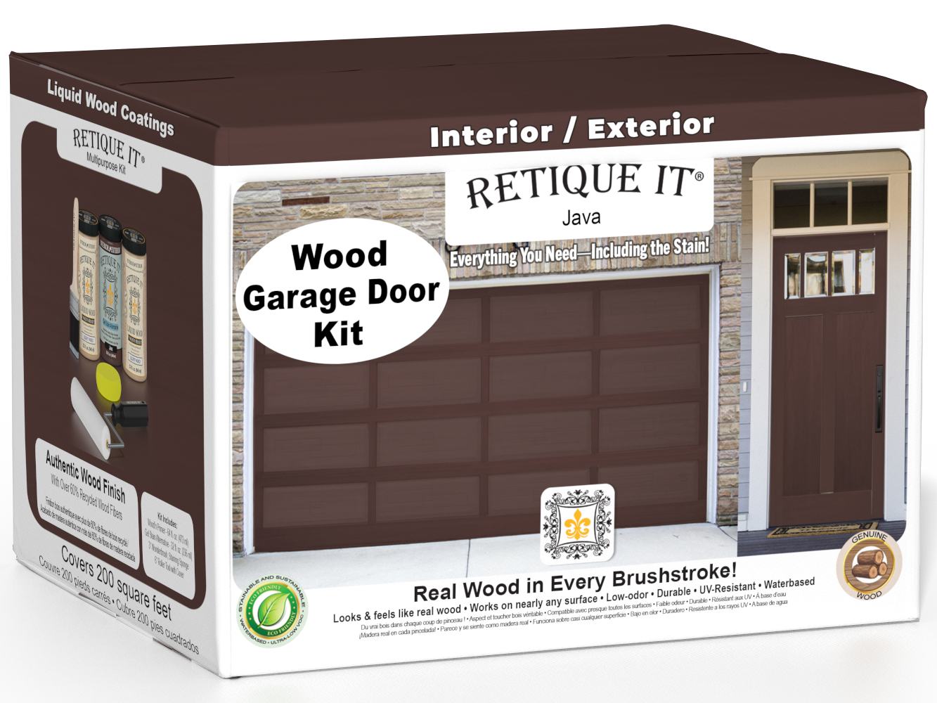 Retique It Wood'n Door Java stain kit for front and garage doors, featuring smooth finish and wood stain application.