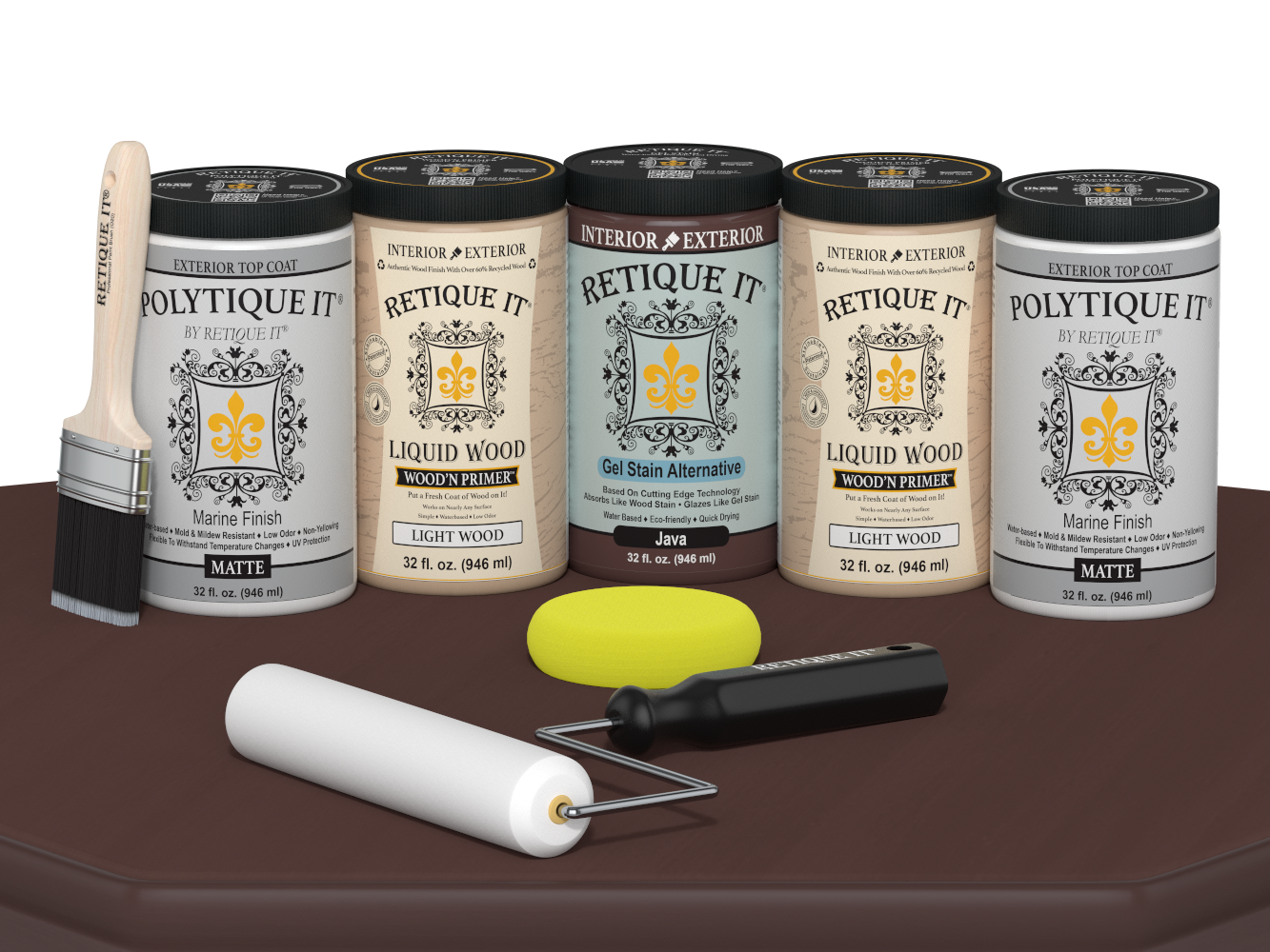 Retique It Wood'n Door Java stain kit for front and garage doors, includes smooth finish and matte wood stain application tools.