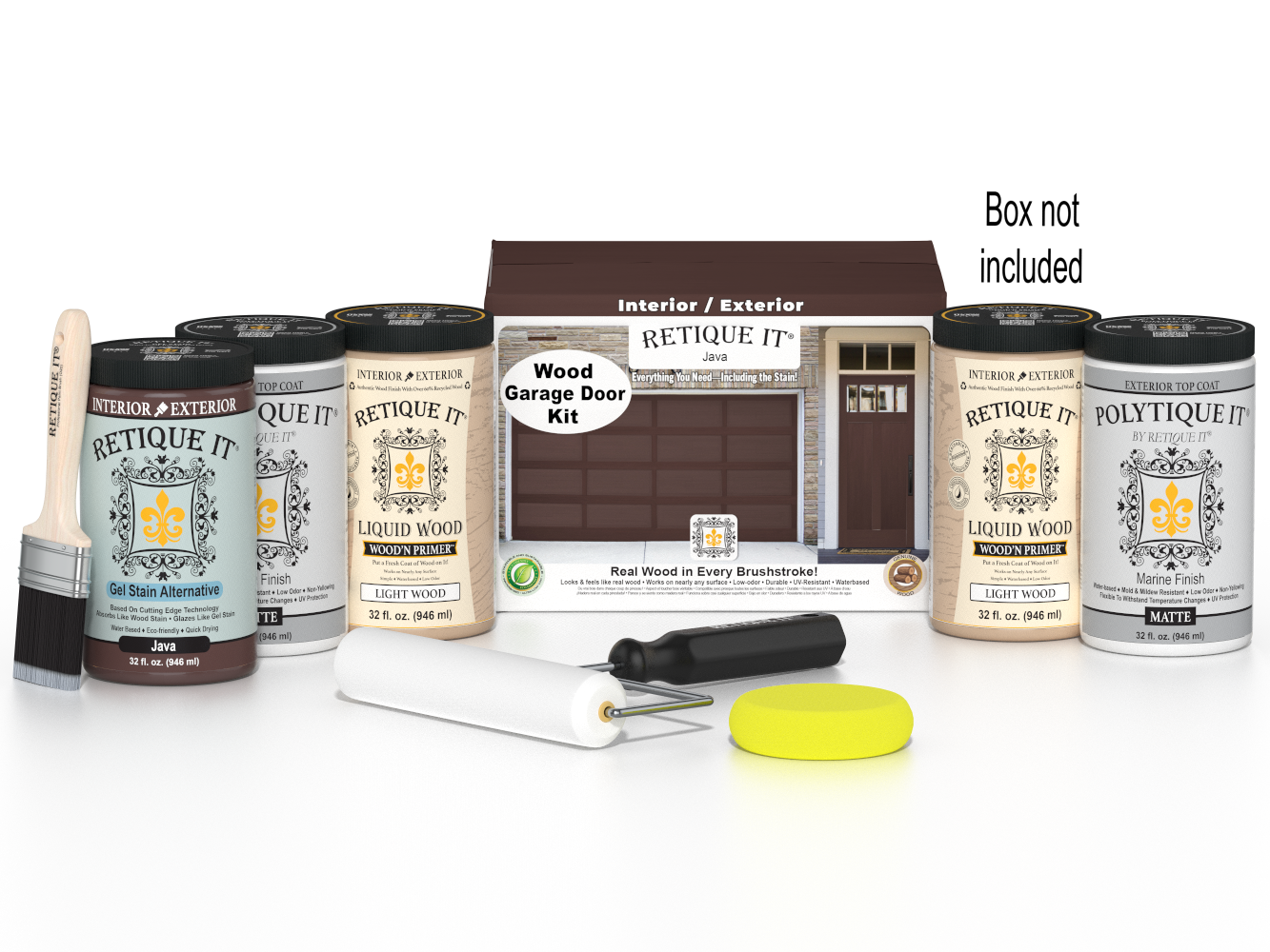 Retique It Wood'n Door Java stain kit for smooth finish on front and garage doors, includes stain and application tools.