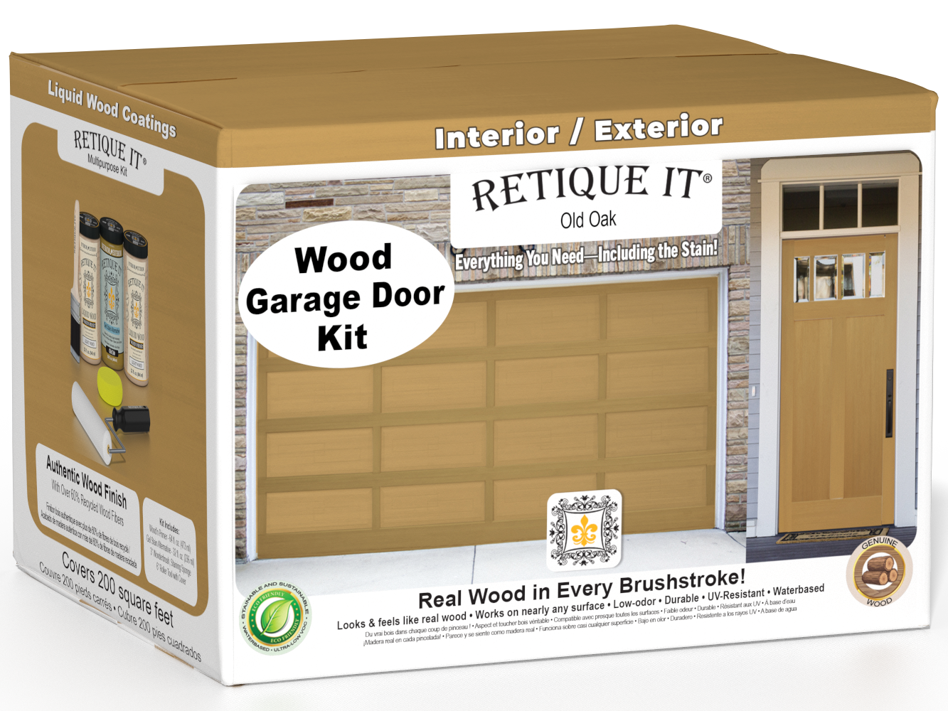 Retique It Wood'n Door smooth finish kit for front and garage doors in Old Oak stain, featuring a natural wood grain appearance.