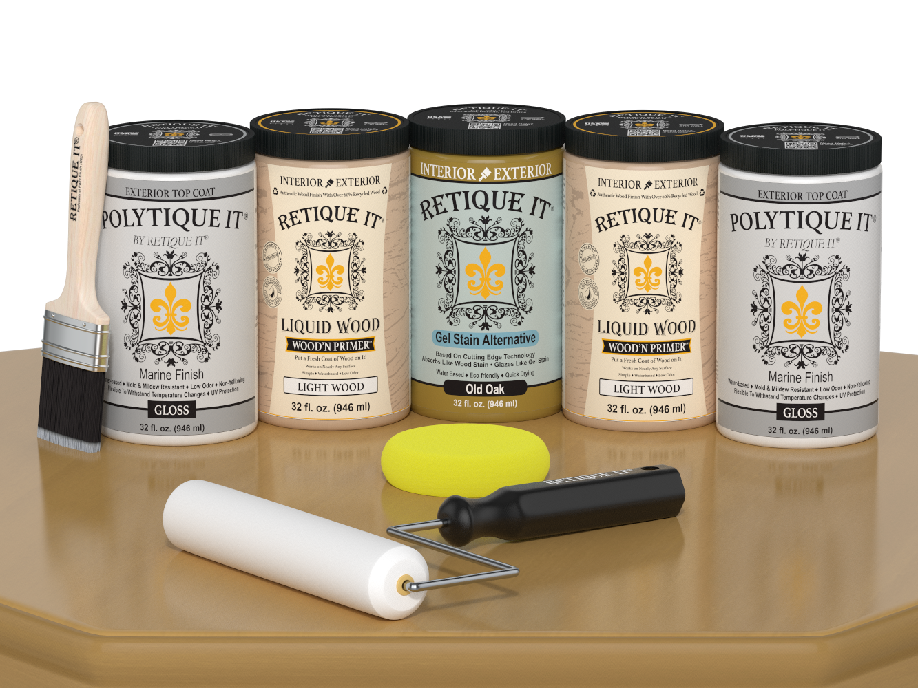 Retique It Wood'n Door smooth finish kit for front and garage doors in Old Oak stain, featuring gloss stain bottles and application tools.