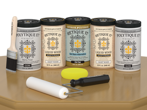 Retique It Wood'n Door smooth finish kit for front and garage doors in Old Oak stain, featuring gloss stain bottles and application tools.