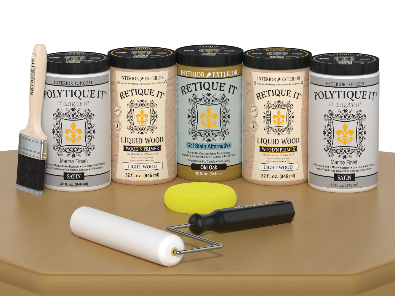 Retique It Wood'n Door smooth finish kit for front and garage doors in Old Oak stain, featuring satin wood stain and application tools.