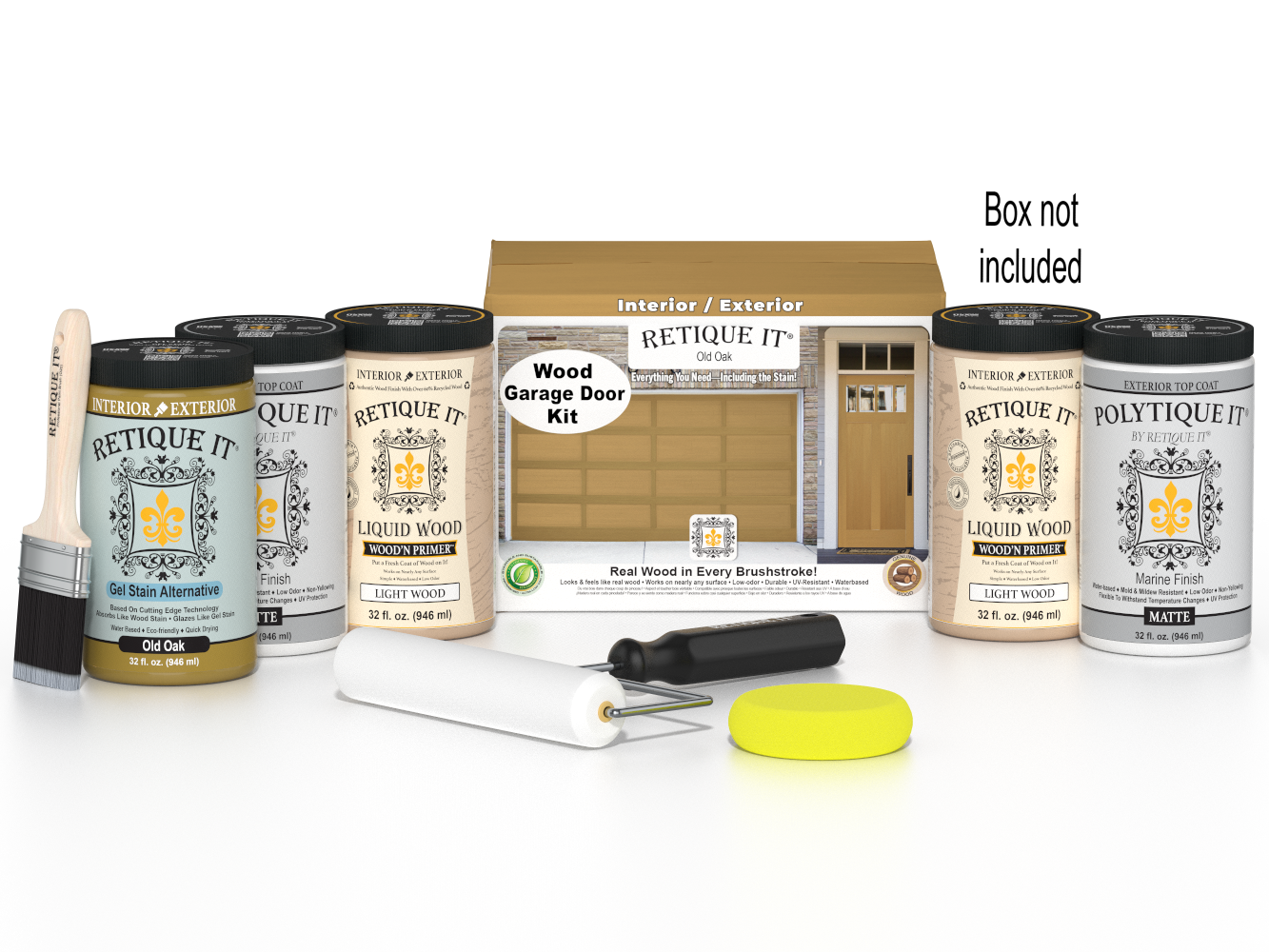 Retique It Wood'n Door smooth finish kit for front and garage doors in Old Oak stain, includes stains and finishing tools.
