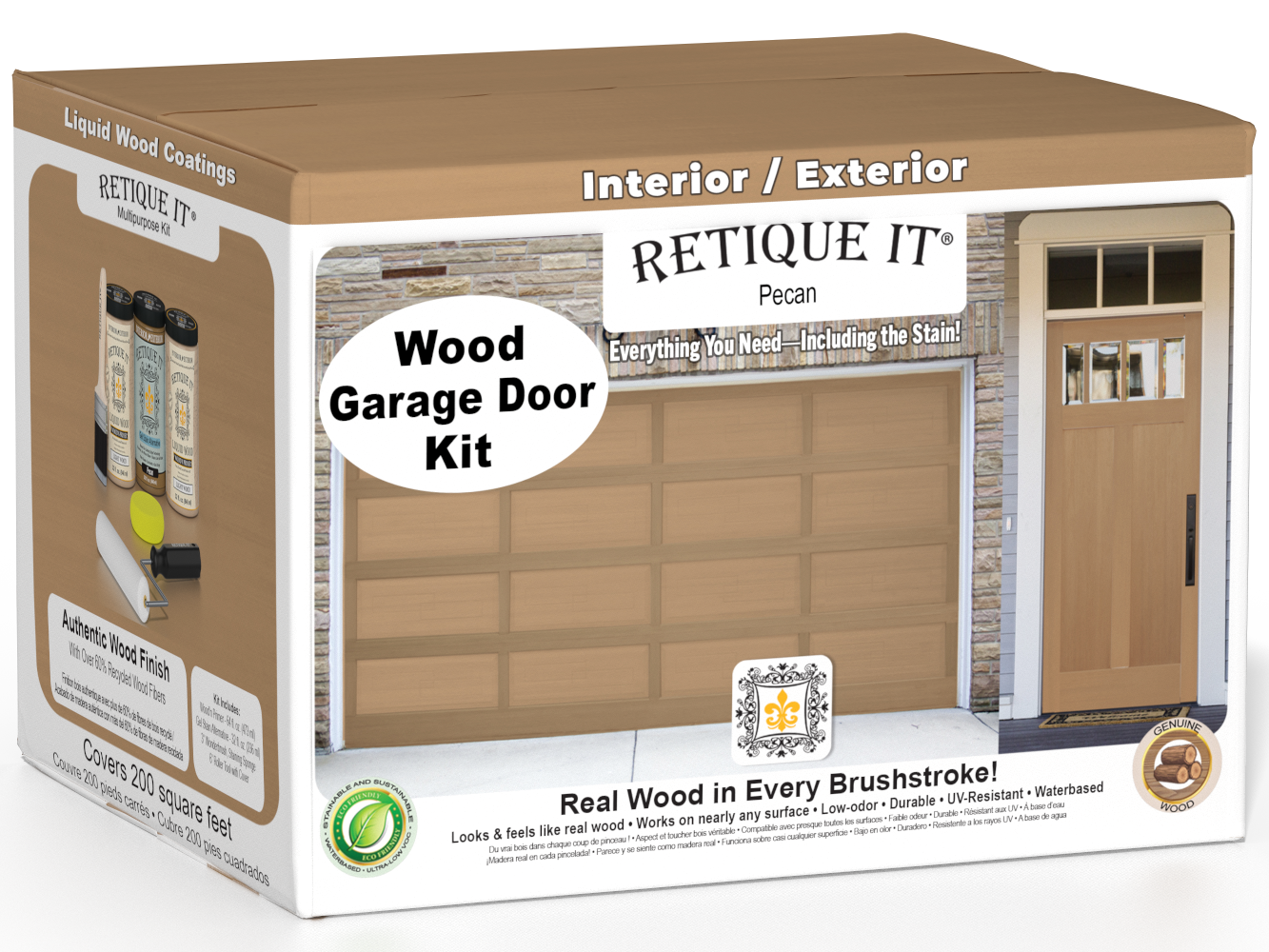 Retique It Wood'n Door smooth finish kit for front and garage doors in Pecan stain, showing the kit components and a finished door surface.