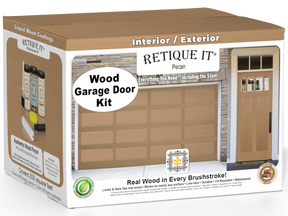 Retique It Wood'n Door smooth finish kit for front and garage doors in Pecan stain, showing the kit components and a finished door surface.