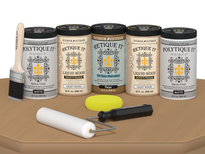 Retique It Wood'n Door smooth finish kit for front and garage doors in Pecan stain, featuring matte wood stain application on a door.