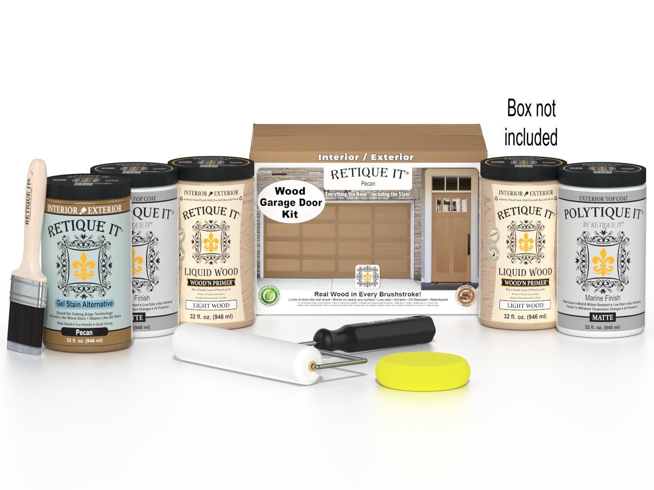 Retique It Wood'n Door Pecan stain kit for front and garage doors, featuring smooth finish and application tools.