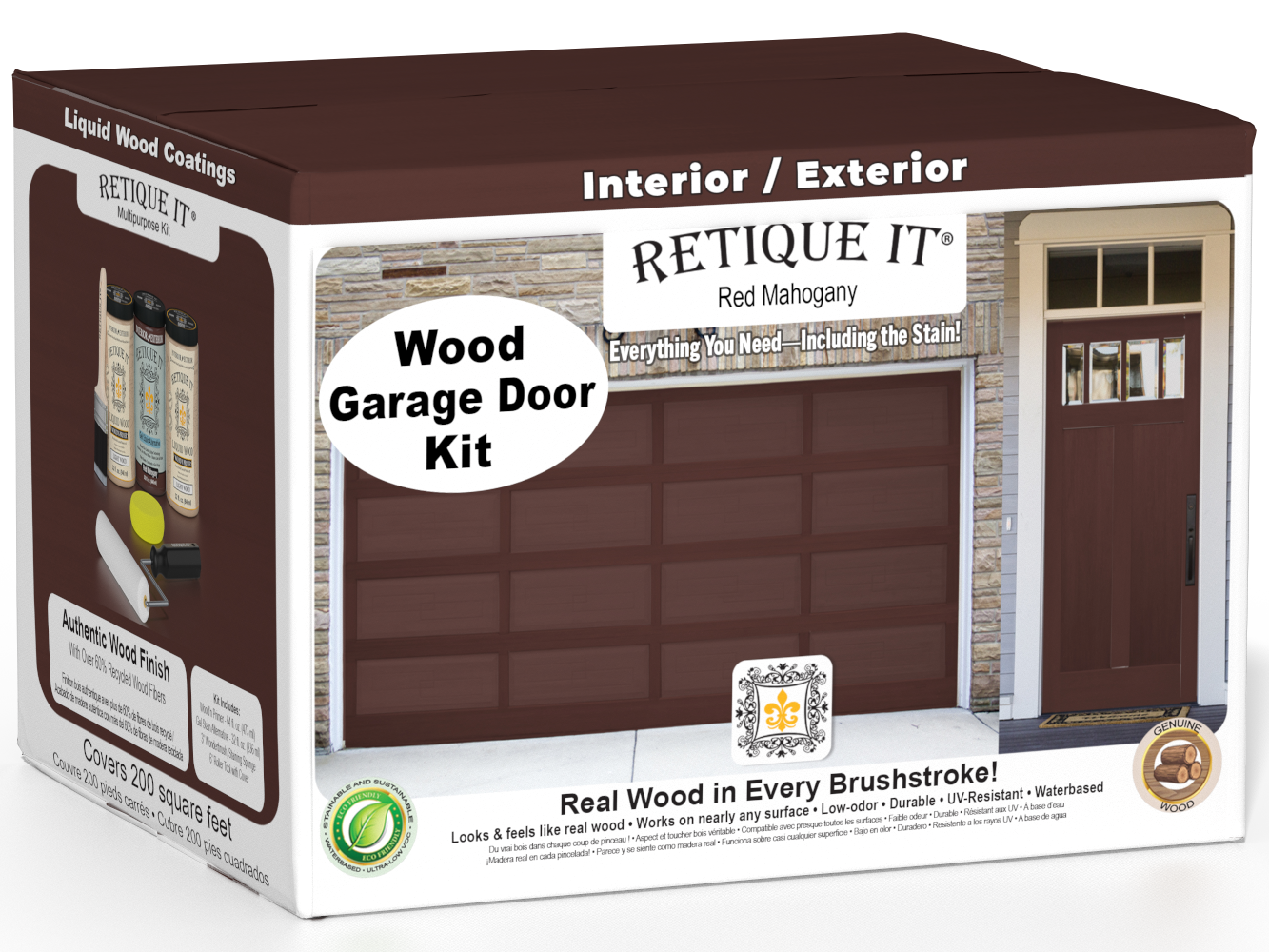 Retique It Wood'n Door smooth finish stain kit for front and garage doors in red mahogany, showcasing a polished wooden door surface.