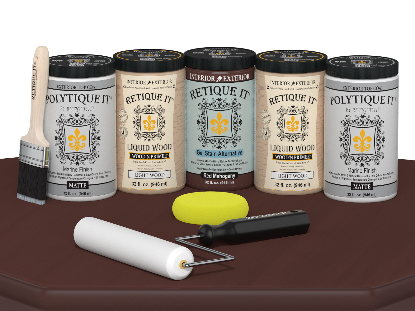 Retique It Wood'n Door smooth finish kit for front and garage doors in Red Mahogany stain, featuring matte stain and application tools.
