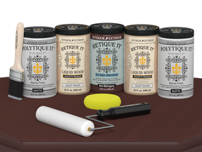 Retique It Wood'n Door smooth finish kit for front and garage doors in Red Mahogany stain, featuring matte stain and application tools.