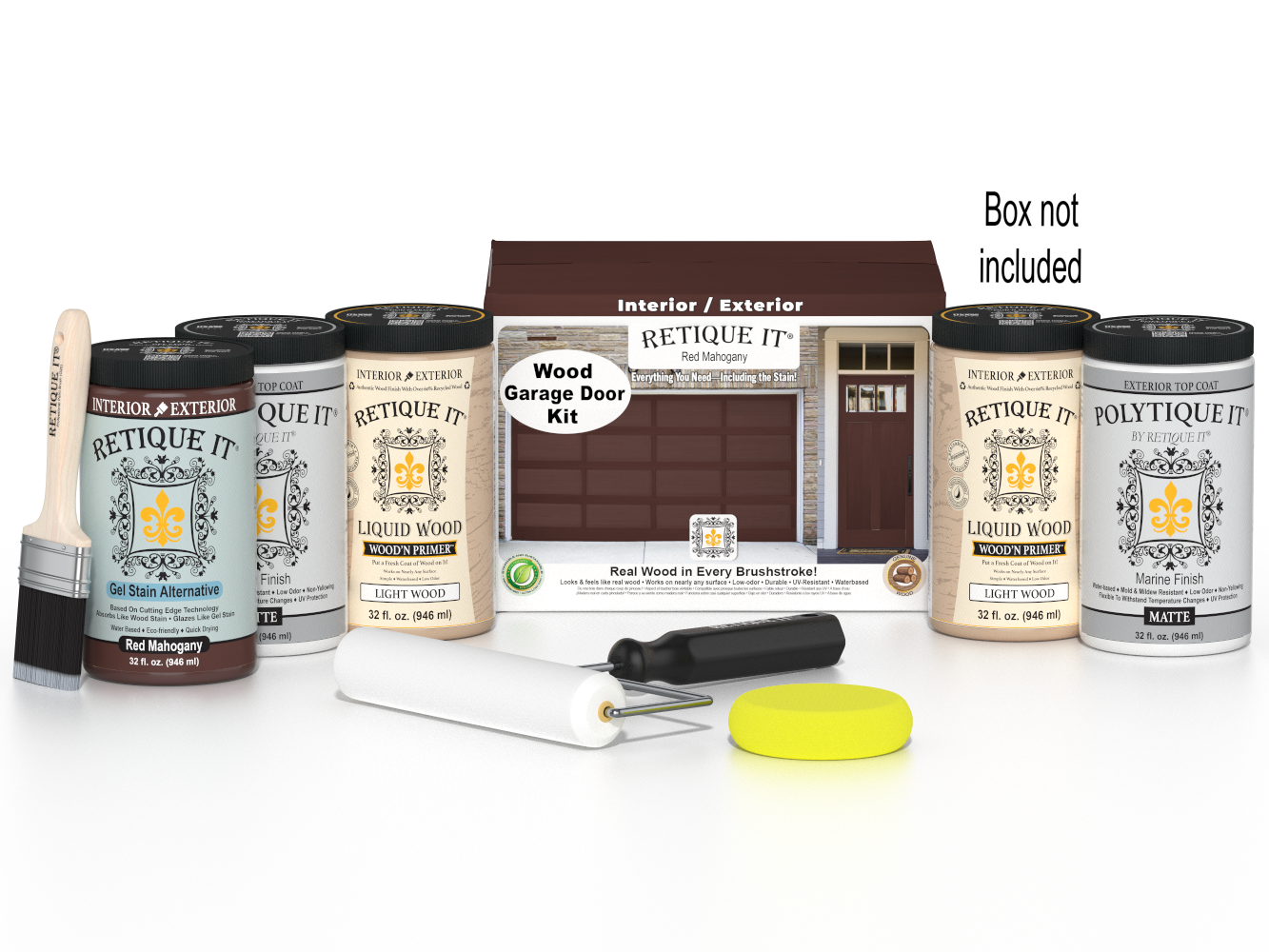 Retique It Wood'n Door smooth finish kit for front and garage doors in red mahogany stain, includes stain and application tools.