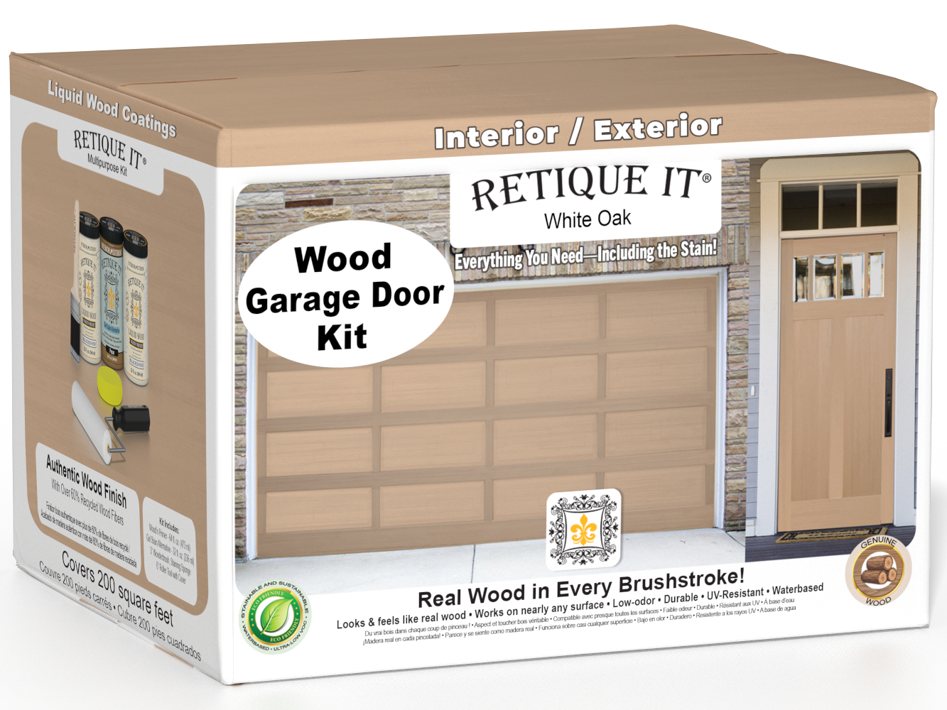 Retique It Wood'n Door smooth finish kit for front and garage doors in White Oak stain, showcasing the stained garage door surface.