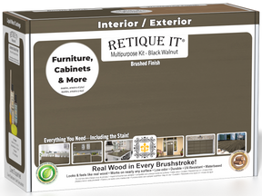 Retique It® Multi-purpose Smooth Finish Kit in Black Walnut for exterior wood, includes top coat and application tools.