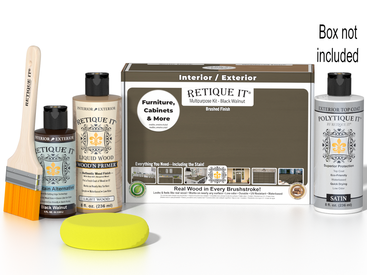 Black Walnut wood finish kit by Retique It, featuring smooth exterior top coat for multi-purpose wood projects.