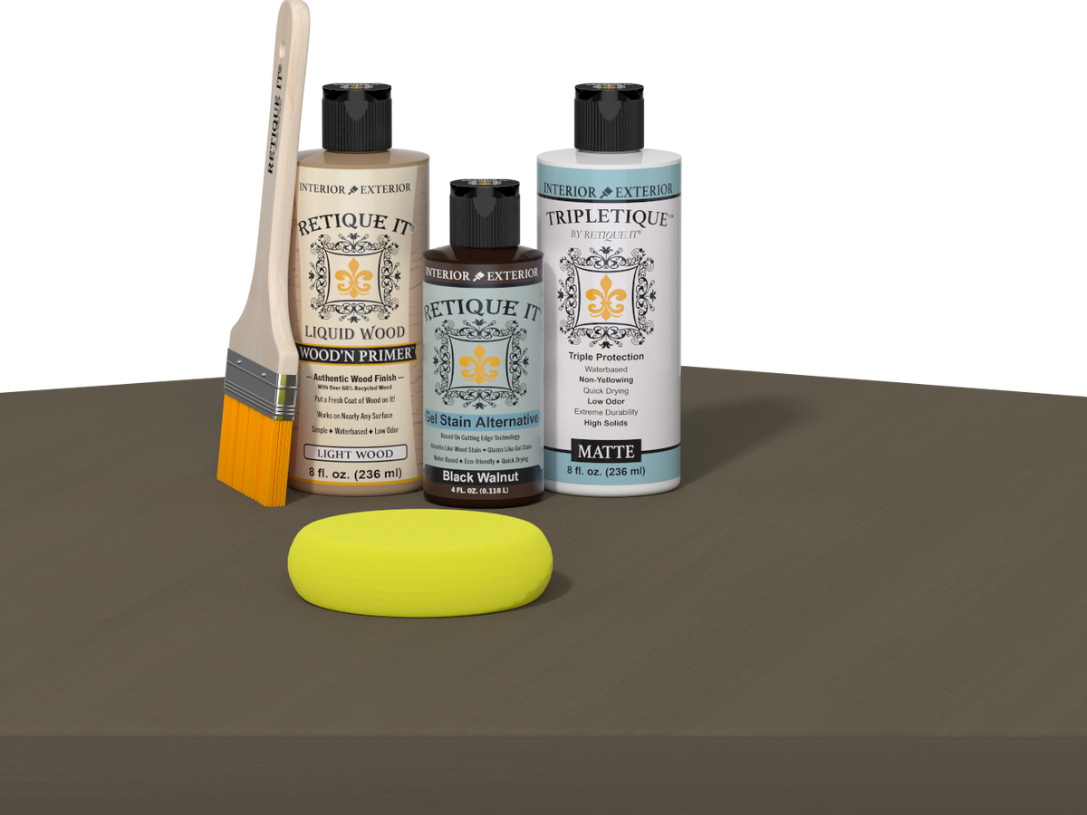 Retique It® Multi-purpose Smooth Finish Kit in Black Walnut, interior top coat with satin sheen, displayed on a wooden table.
